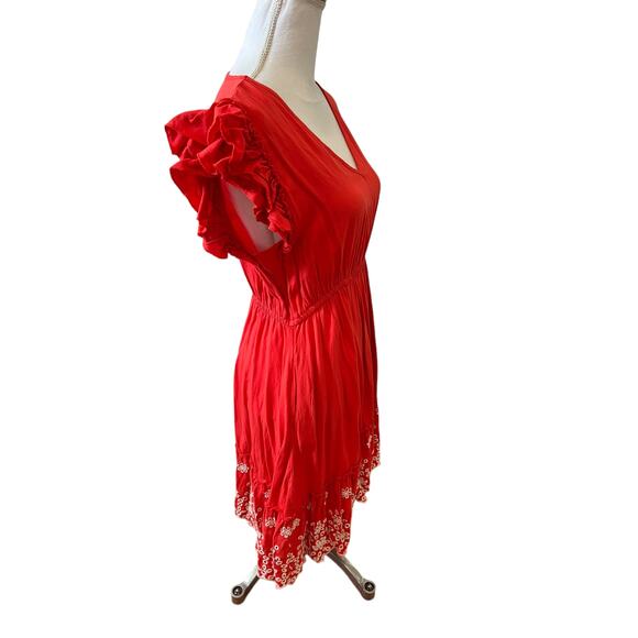 Solitaire Summer Eyelet Casual Short Sleeve Ruffle Detail Dress Deep Coral M - Picture 3 of 6